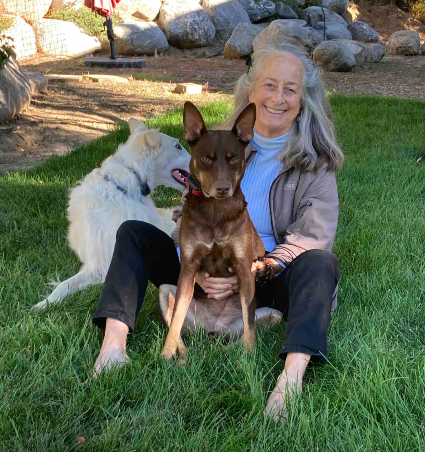 Sheila Marie with her canine companions, Wunder and Roxie
